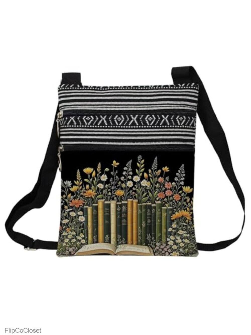 Polyester Crossbody Bag Small Ethnic Floral Books Adjustable Strap Zipper Pouch